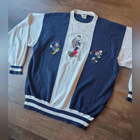 Rare Vintage Disney Mickey Donald Goofy Golfing Knit Thick Striped Sweater - Picture 2 of 12